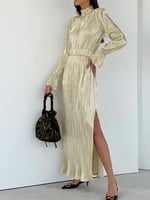 Valleta Plisse Belted Maxi Dress in Gold