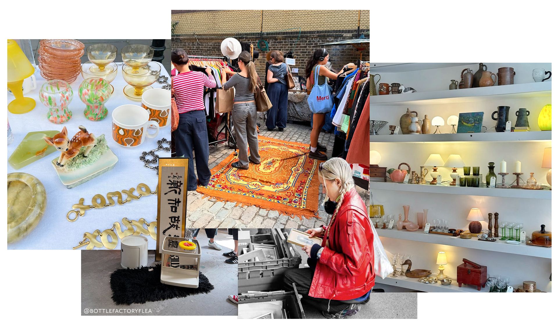 A collage showing vintage glassware, people shopping at flea markets, a woman browsing a box of items, shelves with lamps and pottery, and assorted retro décor.