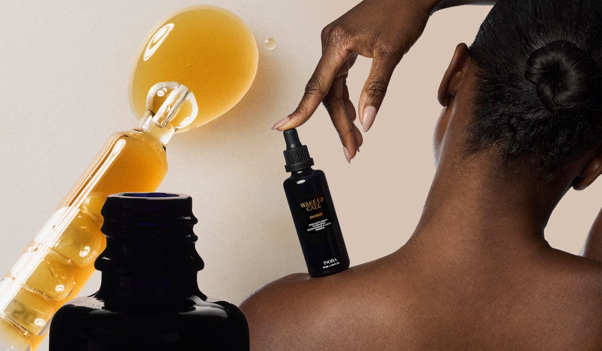A person applies facial serum from a black bottle onto their shoulder. Beside them, a glass dropper drips golden liquid and another dark bottle sits nearby—skincare essentials for London Cool Girls who truly have it all.