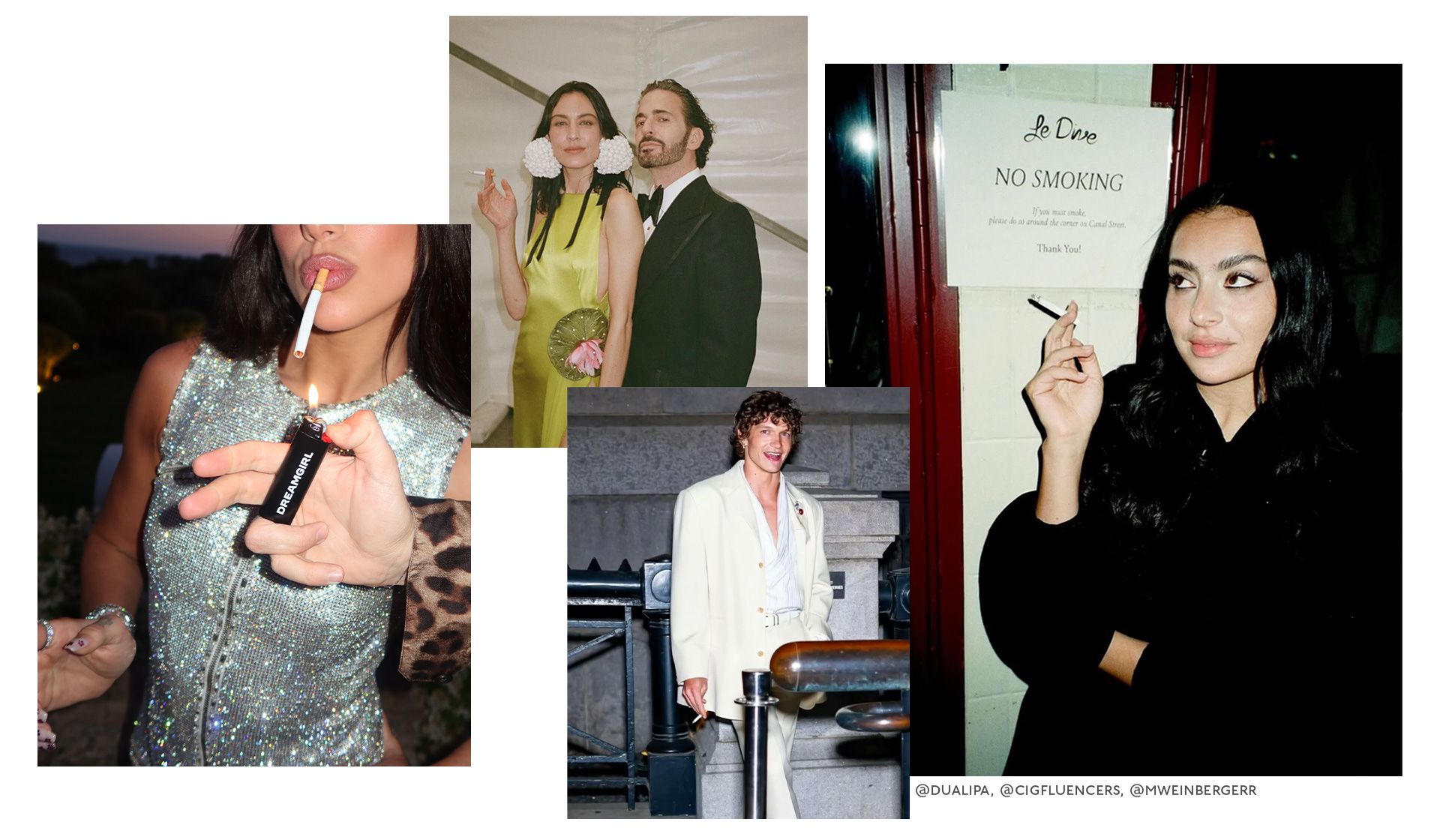 Several stylishly dressed people are photographed in candid moments, some holding cigarettes, with one woman posing beside a No Smoking sign—a subtle nod to the new smoking law. The background and lighting vary in each snapshot, capturing the evolving atmosphere surrounding smoking in the UK.