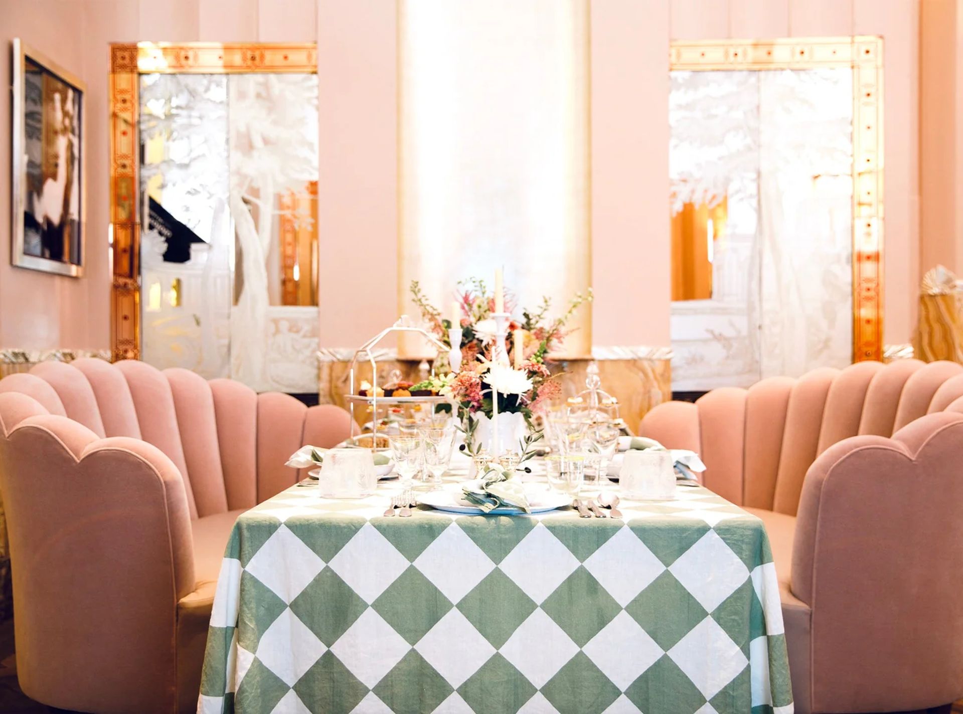 table with checked linens at claridges
