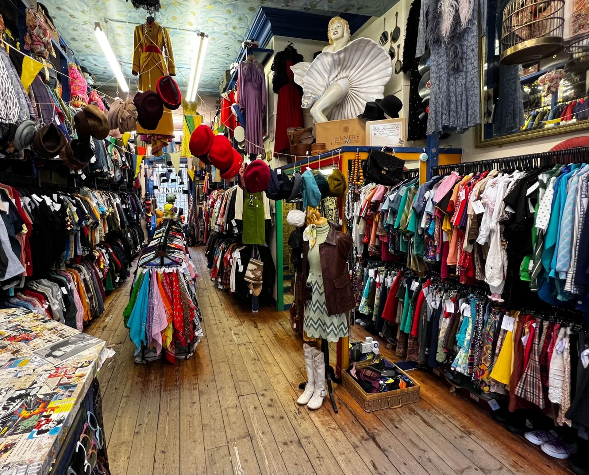 Step into this vintage clothes shop in Edinburgh, where racks of colourful clothes await alongside hats hanging neatly, a life-size mannequin dressed in boots and a flowing gown, and a large Marilyn Monroe statue presiding above it all. The wooden floor adds a rustic feel to this insider’s guide favourite.