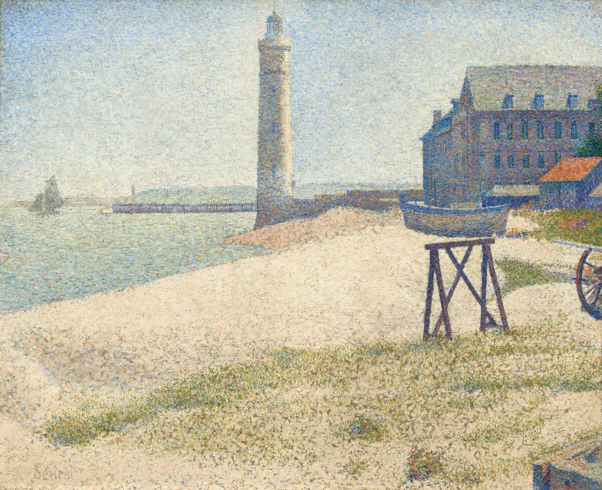 A beach scene for your weekend guide: a lighthouse, a large building by the shore, a small boat on stilts, and a distant ship—all rendered in pointillist style with soft, light colours.