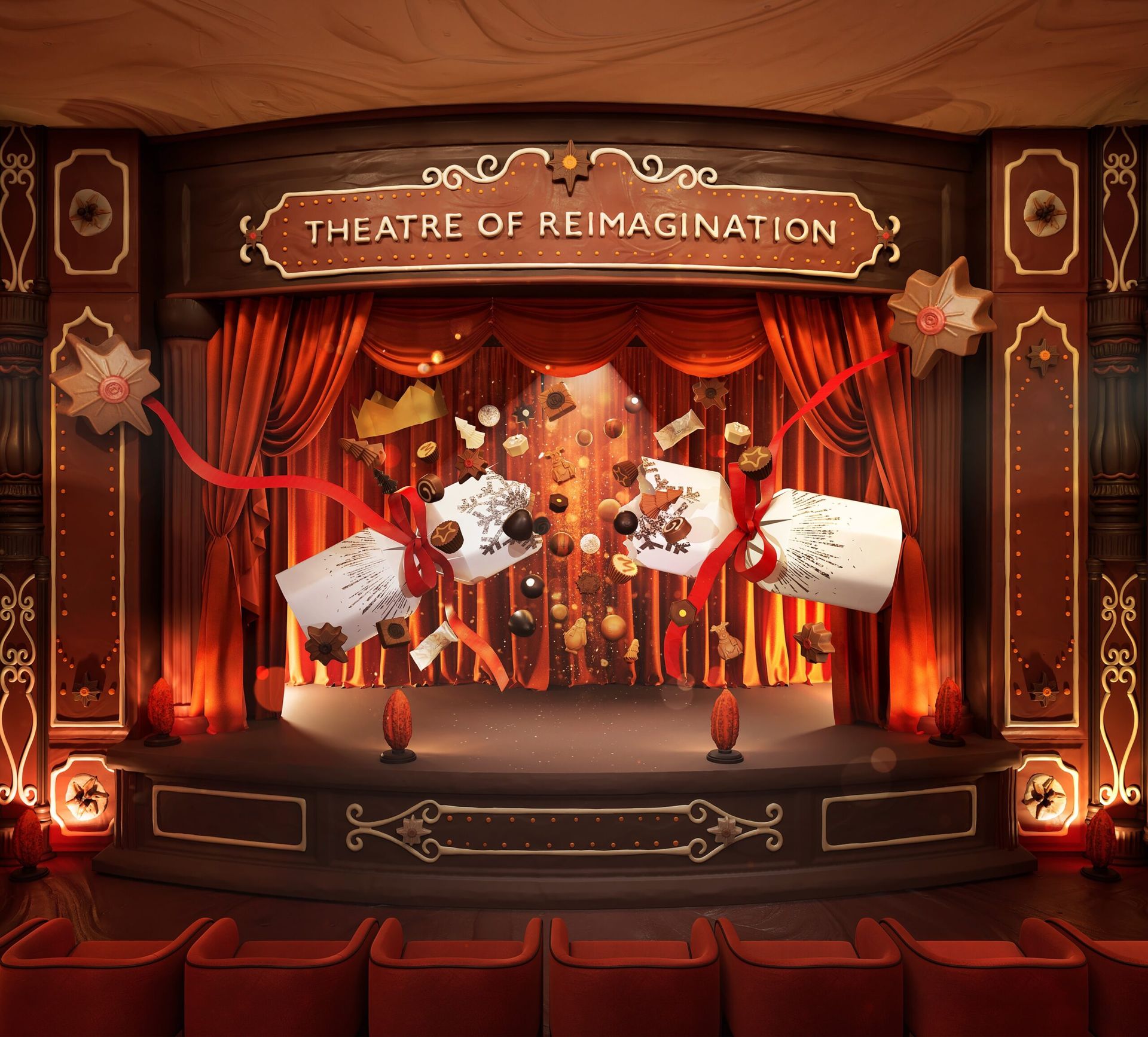 chocolate filled christmas cracker in front of theatre stage 