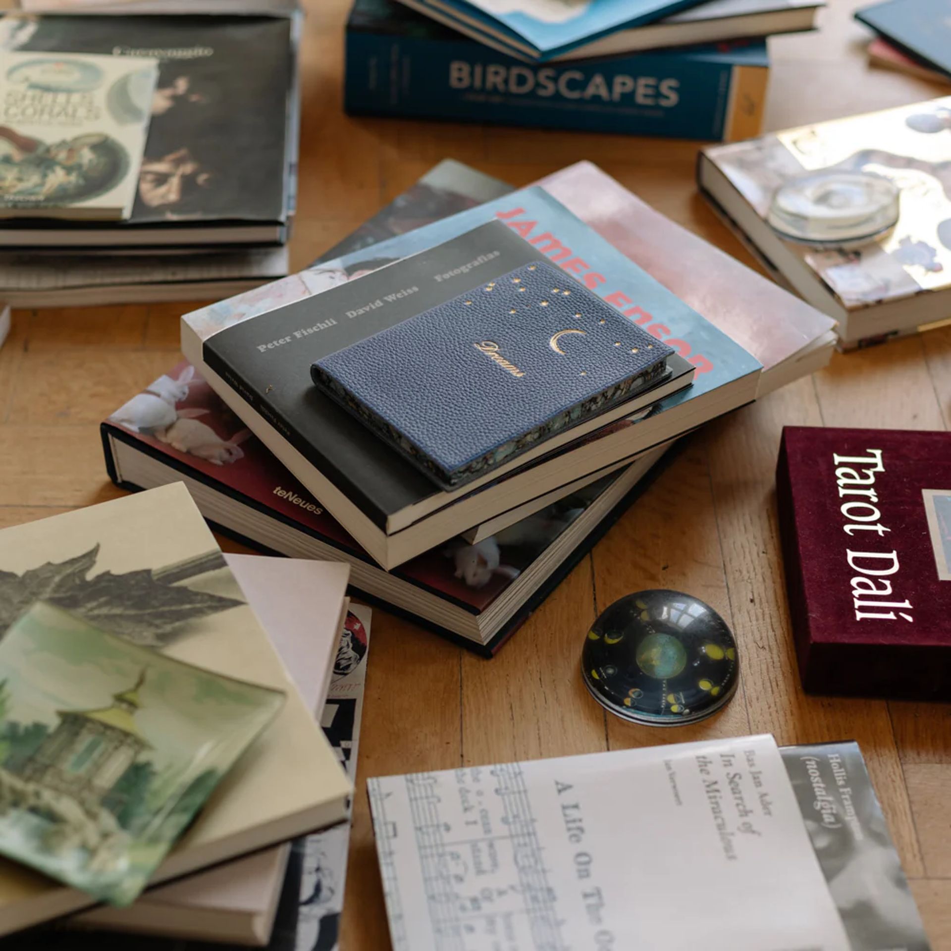 A wooden table covered with various books, including titles like Tarot Dalí and Birdscapes, a circular star chart, scattered papers and notebooks—reminiscent of treasures found in quaint stationery shops.