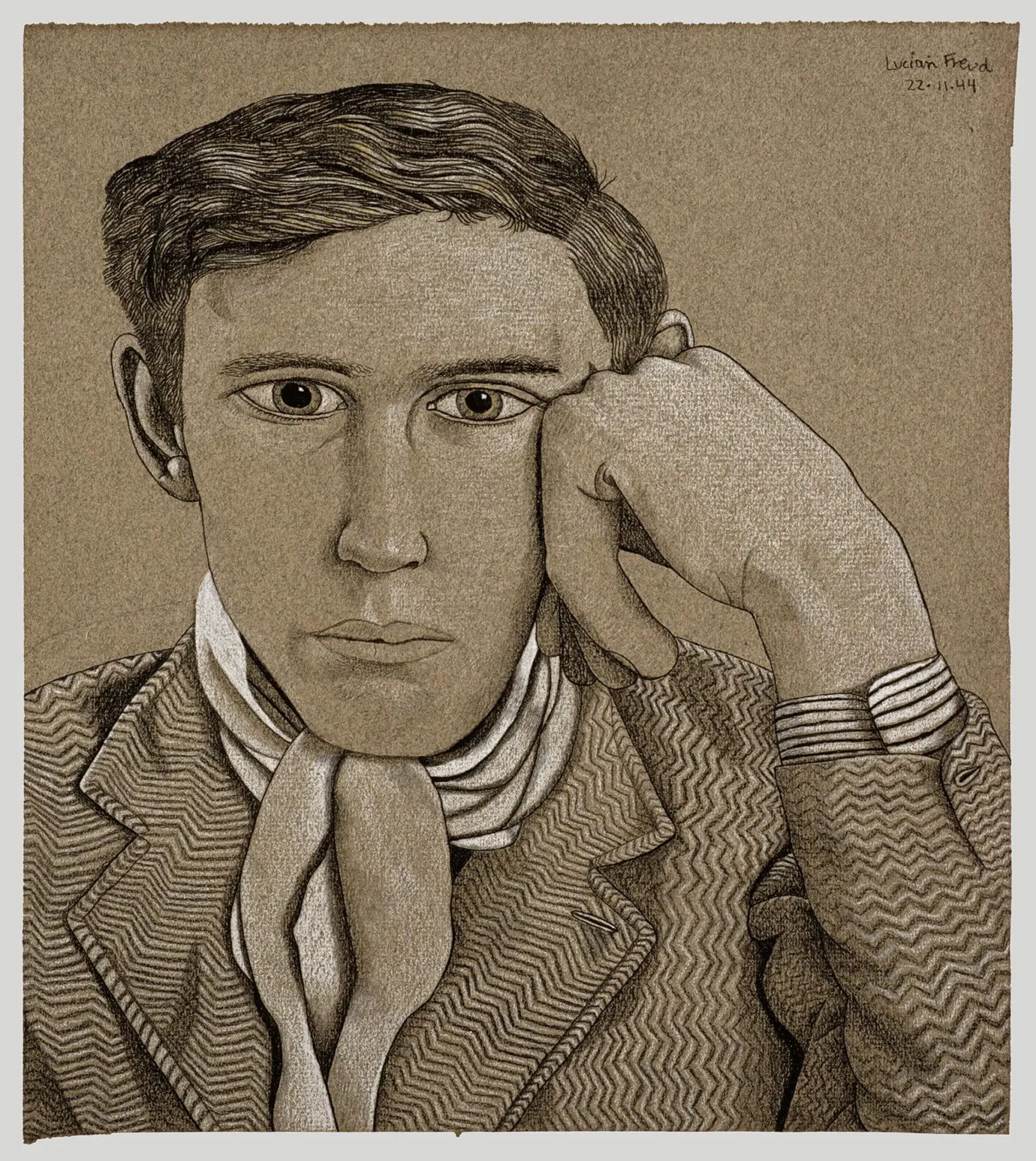 A detailed pencil drawing of a young man with short hair, resting his head on his hand. He wears a patterned jacket, scarf, and bracelet—like he’s pondering a weekend guide. The textured background is plain; the artist’s name and date rest at the top right.