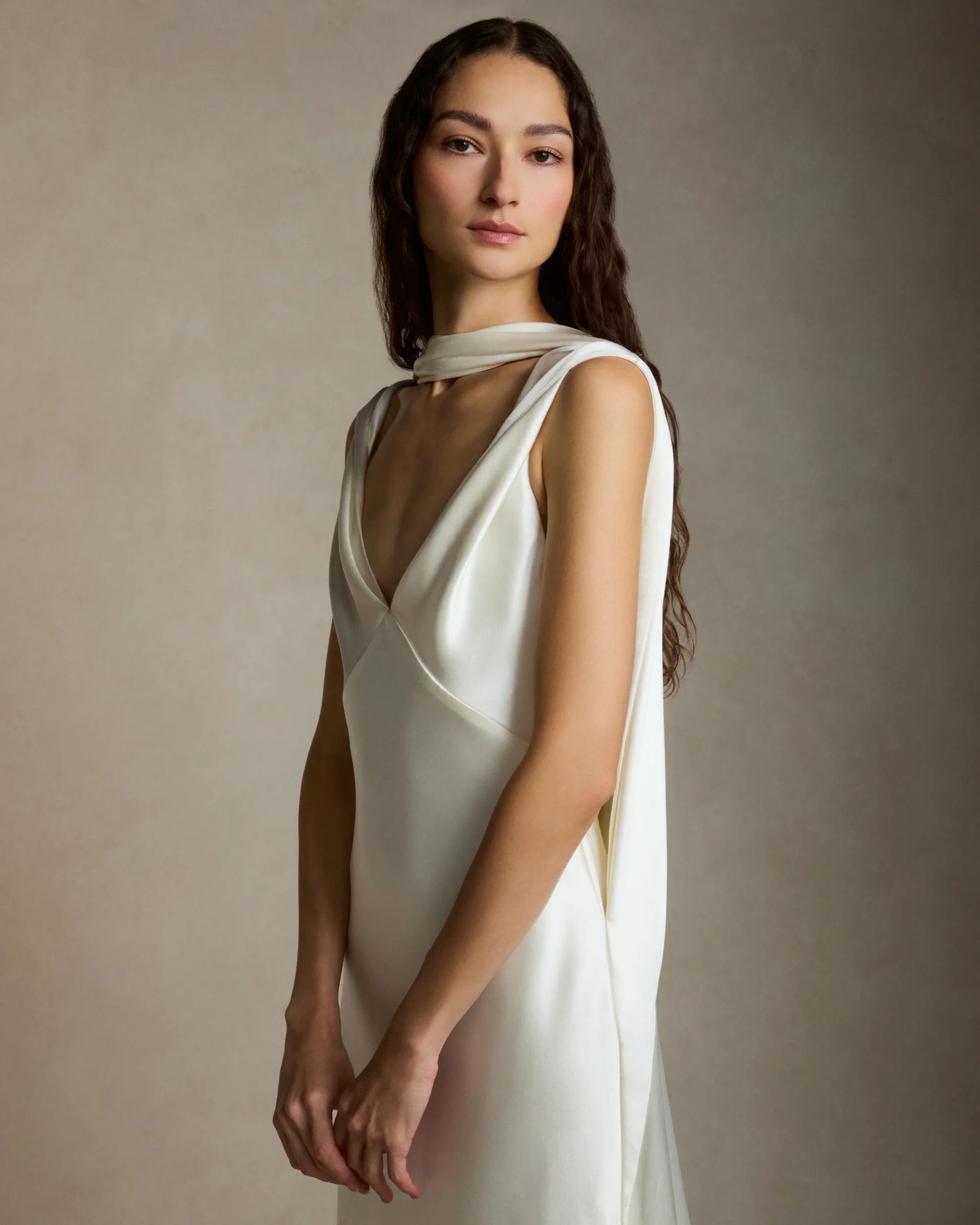 model in white Josephine wedding dress