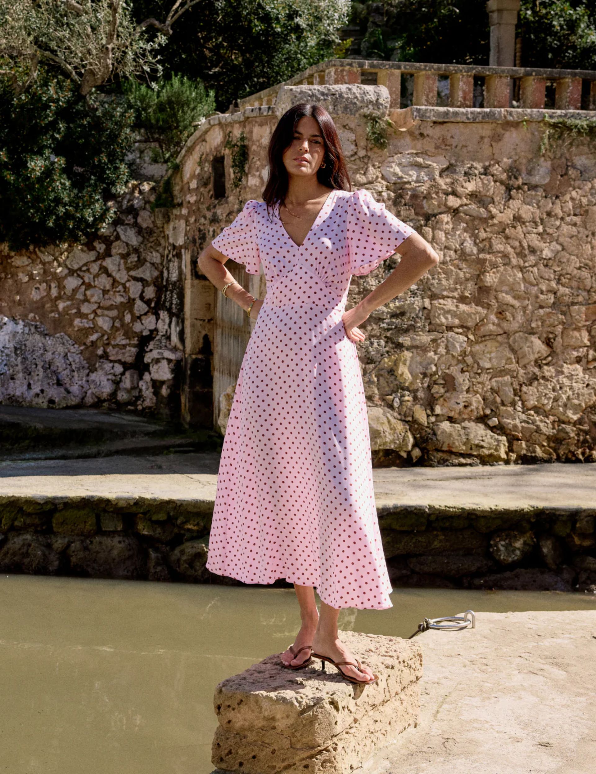 Pink and Brown Polka Dot Atlas Midi Dress £65