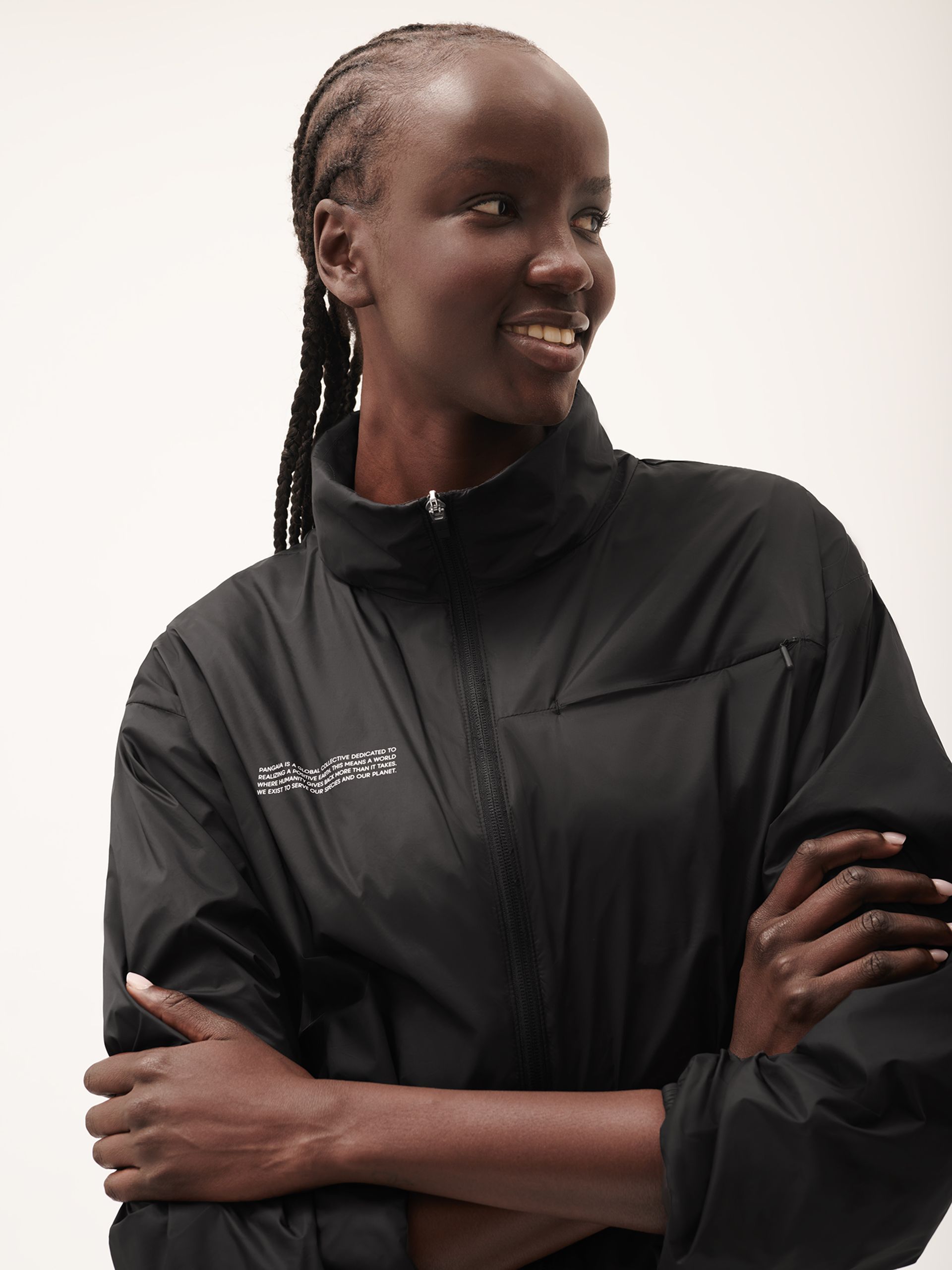 model wearing black nylon jacket 
