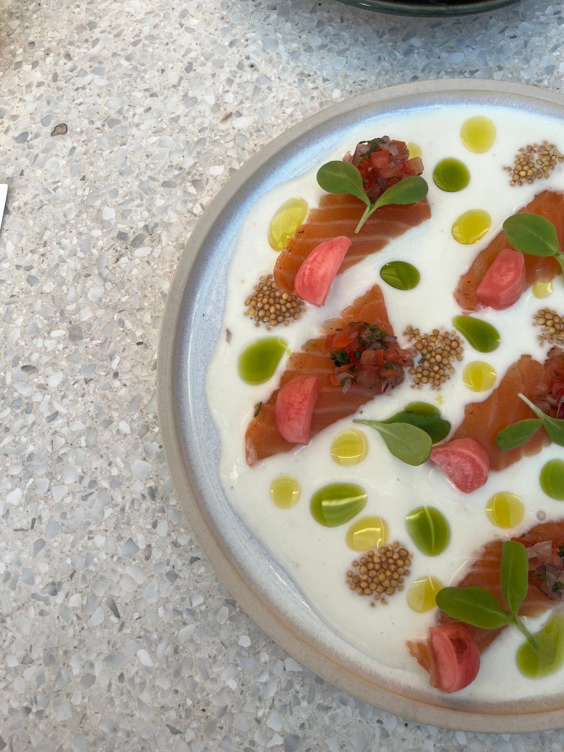 A ceramic plate at The Hoxton holds slices of cured salmon on a white sauce, garnished with microgreens, pink pickled vegetables, mustard seeds, green oil drops, and a tomato-based relish. The plate rests on a terrazzo surface.