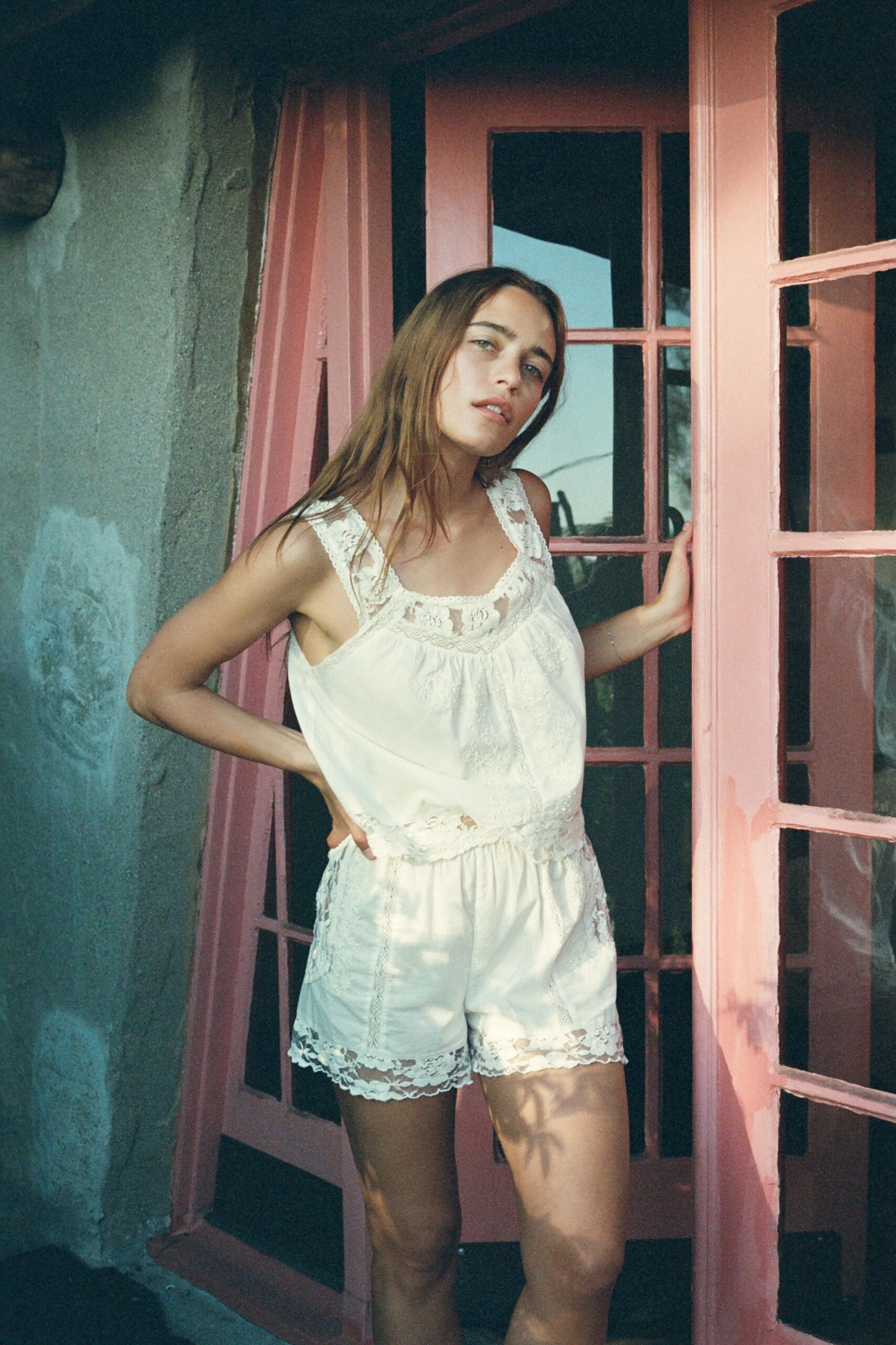 model wearing embroidered set 