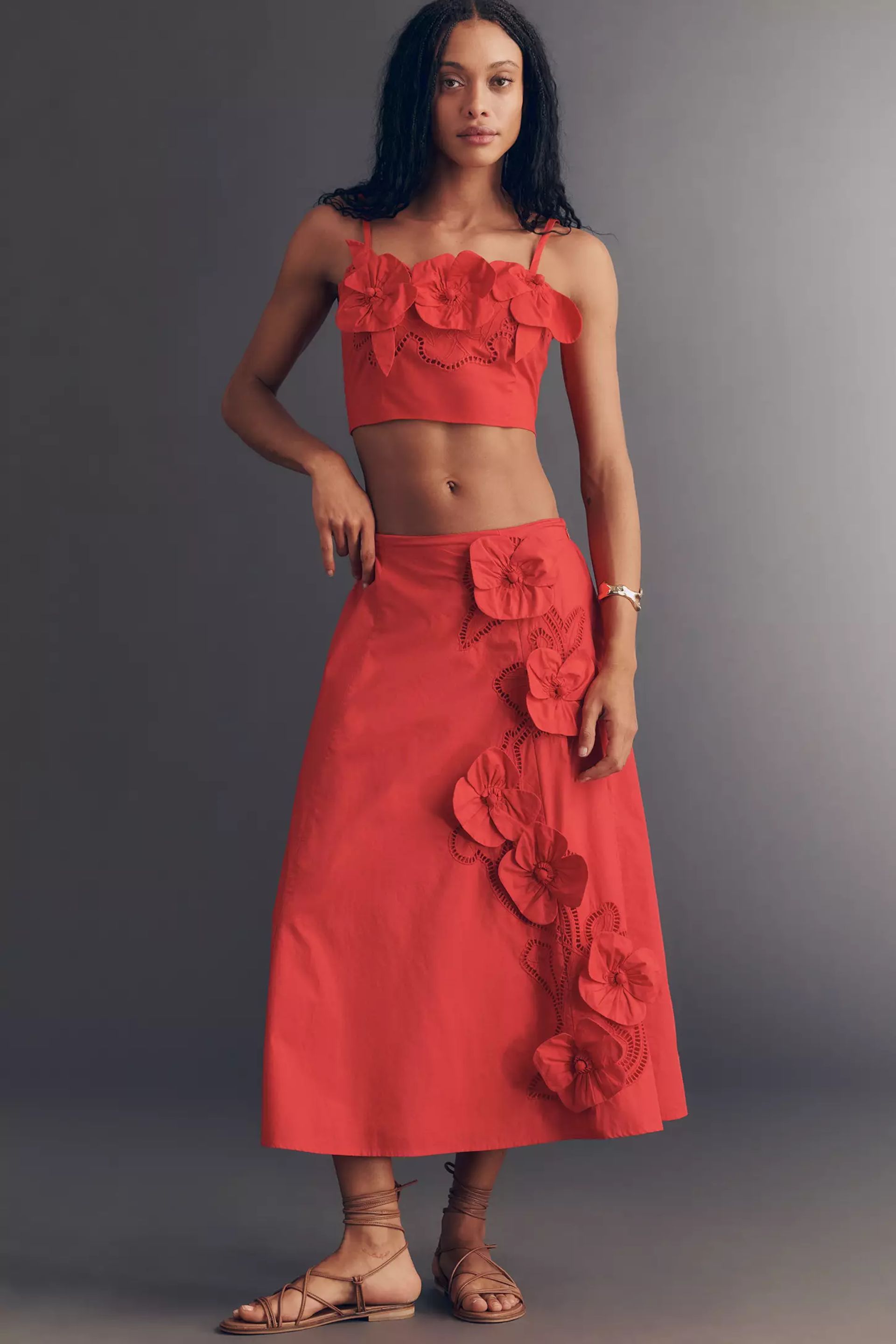 Maeve Cotton Floral Appliqué Midi statement Skirt