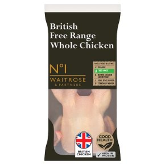 A packaged whole chicken labelled British Free Range Whole Chicken from Waitrose. Perfect for Easter entertaining, the packaging displays health icons, a British flag, and information about the chicken being high in protein and free range.
