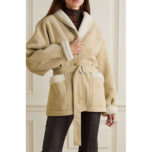 netaporter LVIR Belted faux shearling-trimmed paneled faux leather jacket