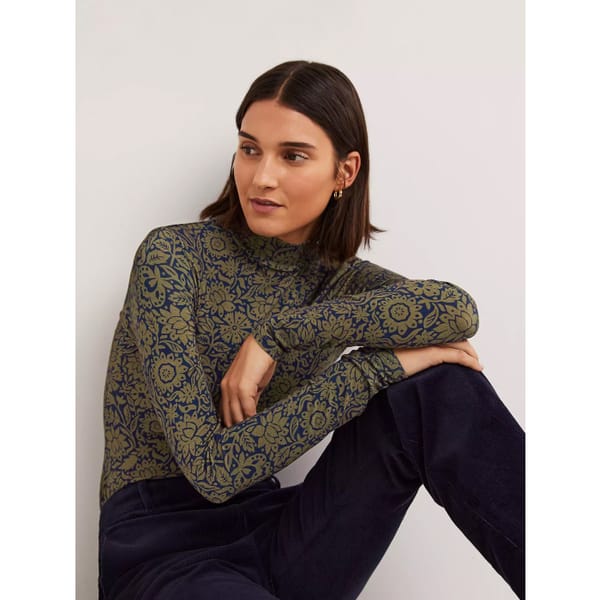 boden Boden Printed Jersey High Neck Floral Top, Basil_Foliage Bloom