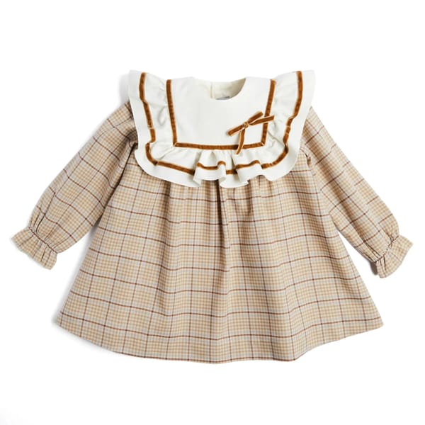 CHECK VELVET TRIM TRAPEZE DRESS IN BEIGE