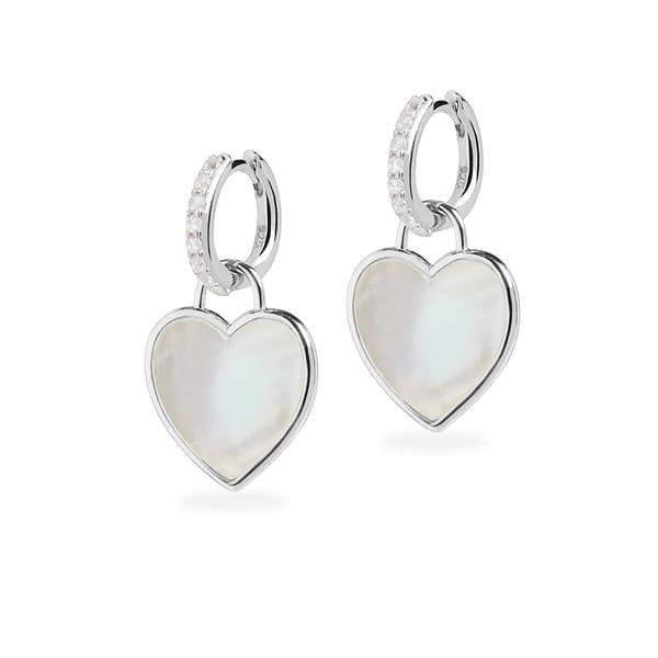 DIAMOND CRYSTAL HUGGIE AND MOTHER OF PEARL HEART CHARM SILVER EARRING SET