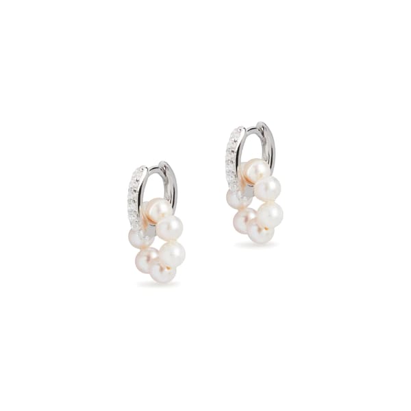 DIAMOND HUGGIES AND TINY CIRCLE PEARL CHARM SILVER EARRING SET
