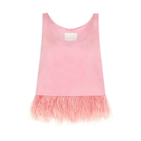 grace wears Perfect Pink Silk Feather Camisole