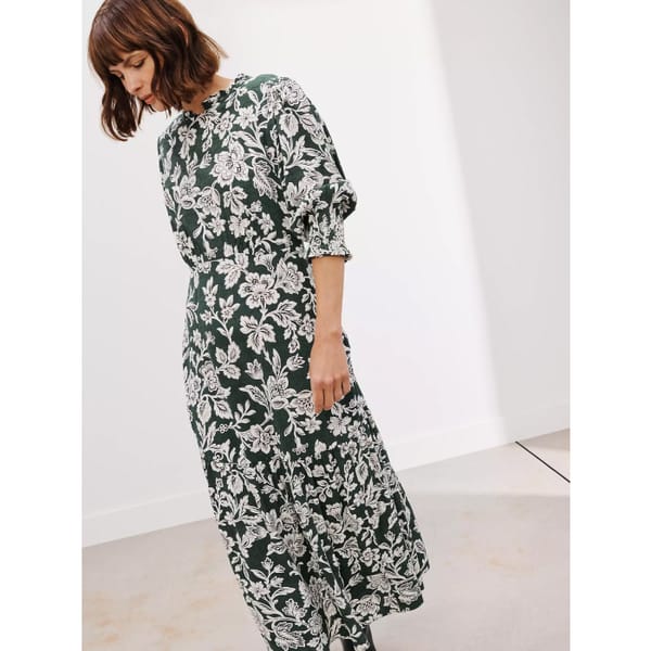 john lewis Archive Floral Print Midi Dress, Emerald Green_Ecru