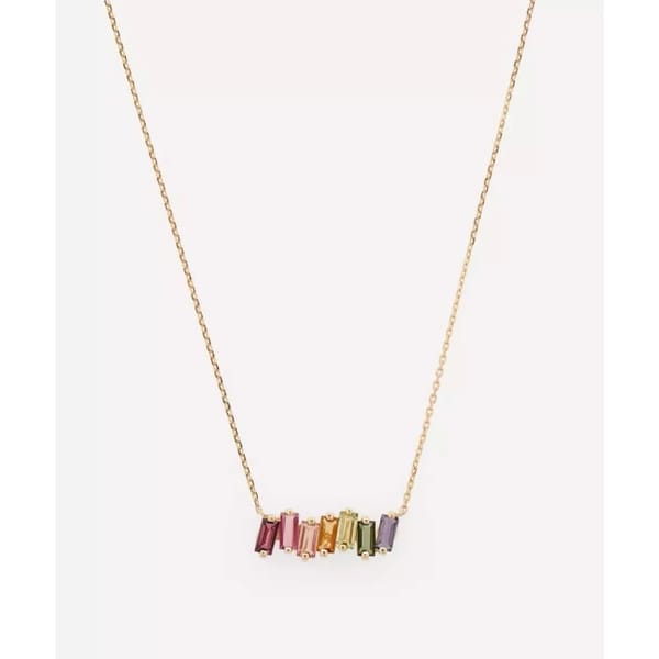 14ct Gold Rainbow Multi-Stone Baguette Bar Pendant Necklace