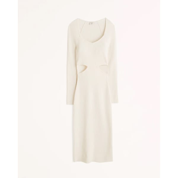 Long-Sleeve Cutout Midi Sweater Dress in white