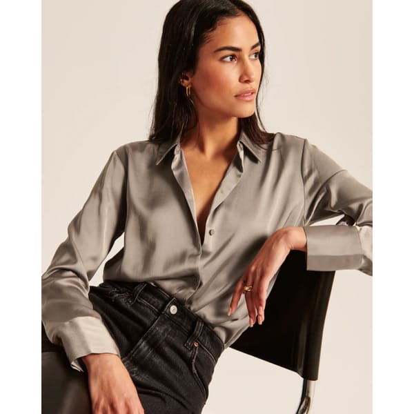 Long-Sleeve Satin Button-Up Shirt in taupe