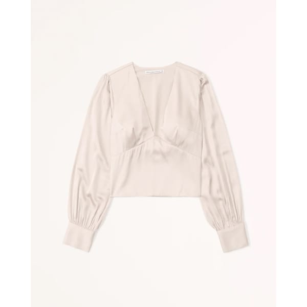 Long-Sleeve Satin Puff Sleeve Top in cream