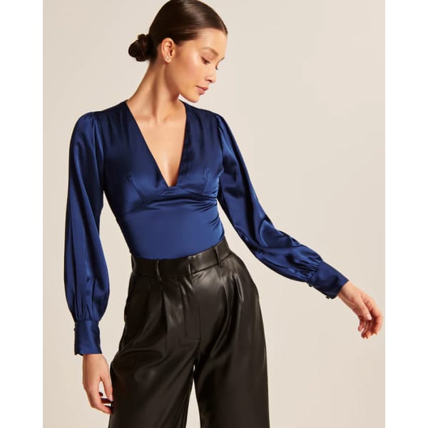 Long-Sleeve Satin Puff Sleeve Top n blue