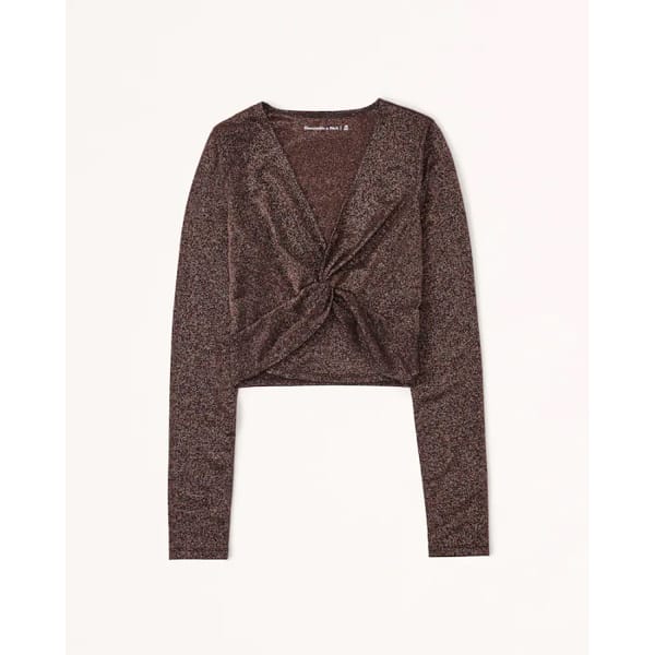 Long-Sleeve Sparkle Twist Top in copper shimmer