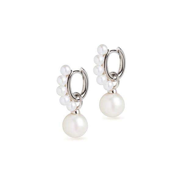 Pearl Huggie and Round Cultured Pearl Charm Silver Earring Set