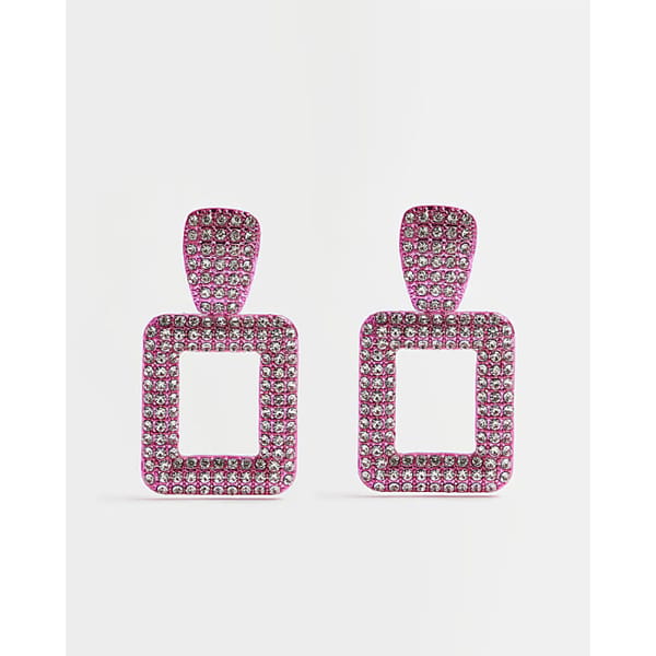 Pink Square Diamante Drop Earrings