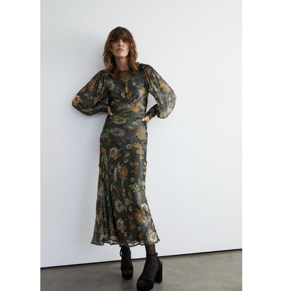 warehouse Sparkle Floral Print Bias Cut Midi Dress
