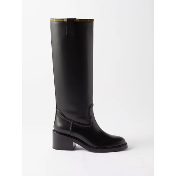 CHLOÉ X Barbour tartan-trimmed leather knee-high boots