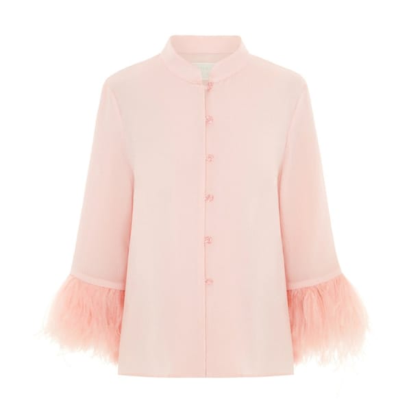 grace wears Alpenglow Rose Pink Hammered Silk Shirt
