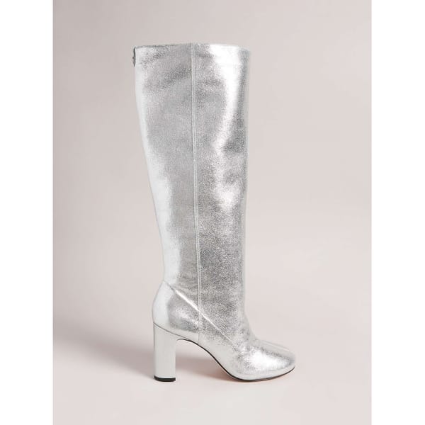 Marlarh High Heel Knee High Leather Boots, Silver Ted Baker