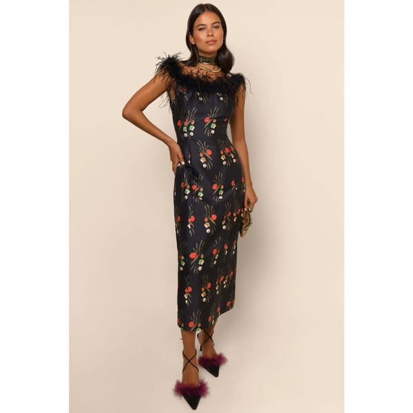 rixo - WINSLETT - BLACK CHERRY BLOSSOM Feather-Trimmed Midi Dress