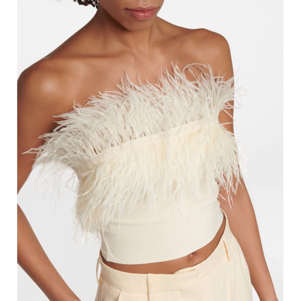 STAUD Nellie feather-trimmed knit crop top