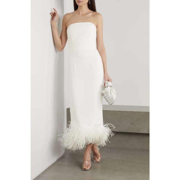 16ARLINGTON Minelli strapless feather-trimmed crepe midi dress