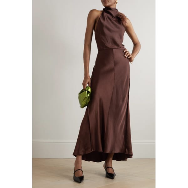 VINCE Feather-trimmed satin halterneck maxi dress