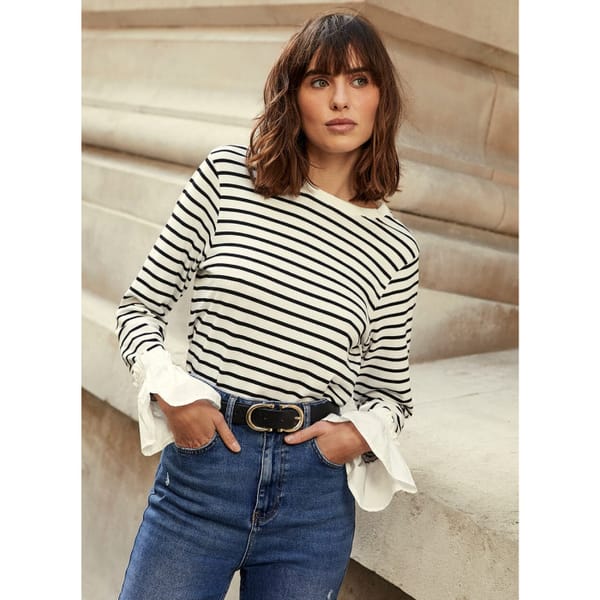 john lewis - mint velvet - White Striped Cuff Detail Top - leather shorts