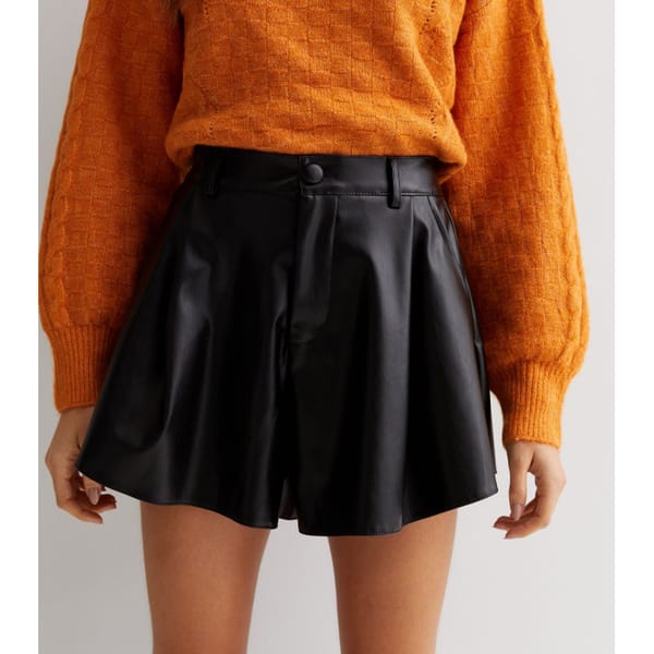 new look Cameo Rose Black Leather-Look Flippy Shorts - leather shorts