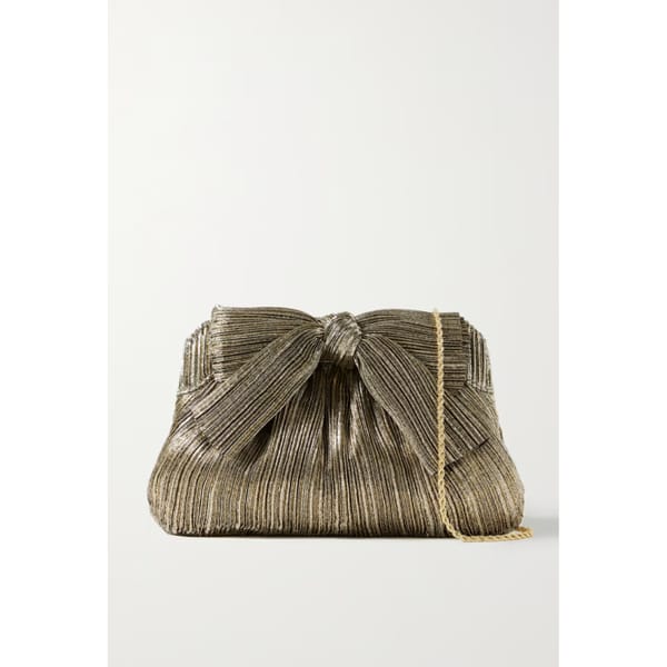 netaporter LOEFFLER RANDALL Rayne bow-embellished plissé-lamé clutch