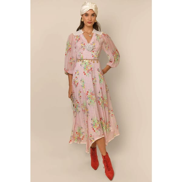 GEM - CHECK FLORAL PINK Godet-Skirt Dress