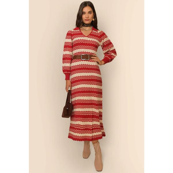 rixo PIPER - RED STRIPE V-Neck Knit Dress