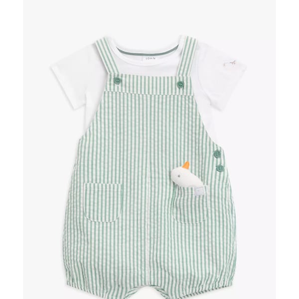 john lewis John Lewis Baby Bodysuit _ Striped Short Dungaree Set with Duck Toy, Multi