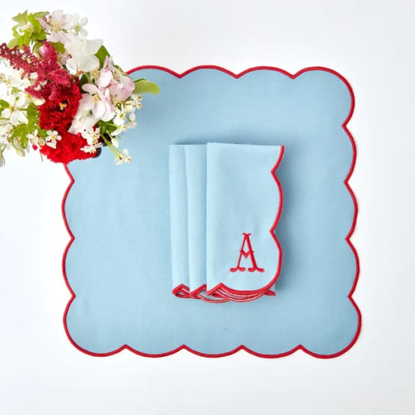 mrs alice BLUE WITH RED SCALLOP NAPKINS - embroidered napkins