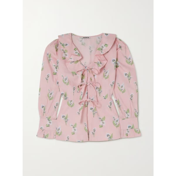 Nia Tie Front Ruffled Floral Print Cotton Poplin Blouse