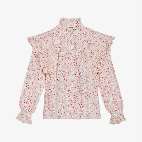 Claudie Pierlot Bloom Floral Print Ruffle Neck Cotton Blouse