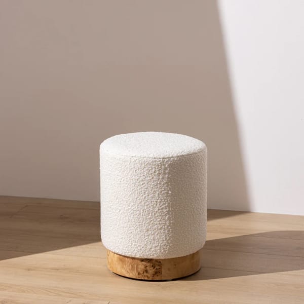 Bouclé Pouffe with Burl Plinth
